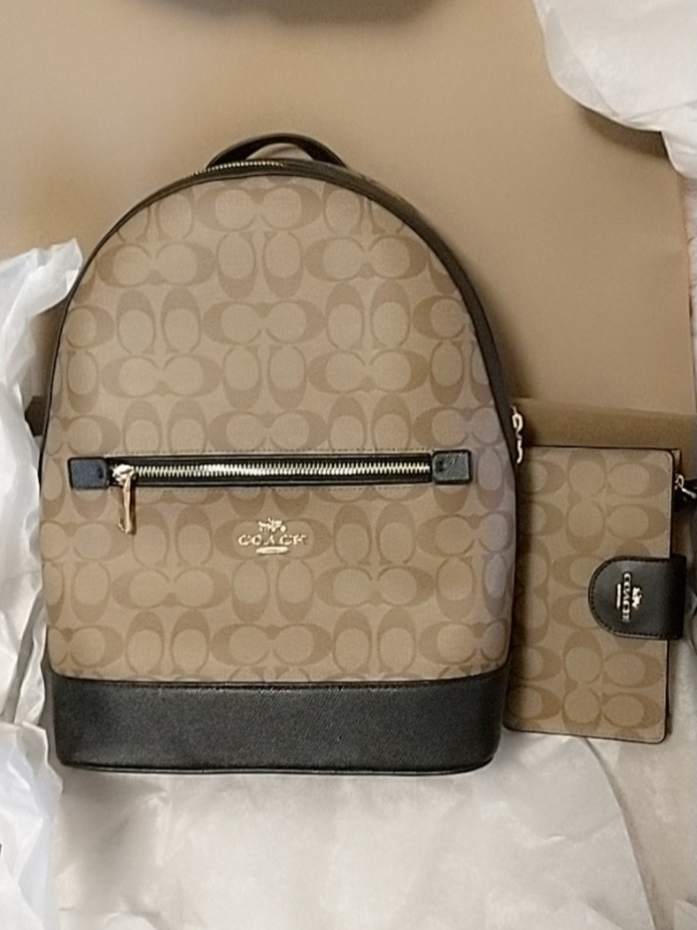 Coach Men’s Khaki Signature Canvas Backpack with Brown Trim and Matching Wallet